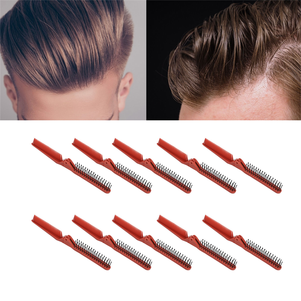 Zwei Männerfrisuren und mehrere rote Kämme auf Weiß. Haare sind nach hinten und zur Seite gestylt.