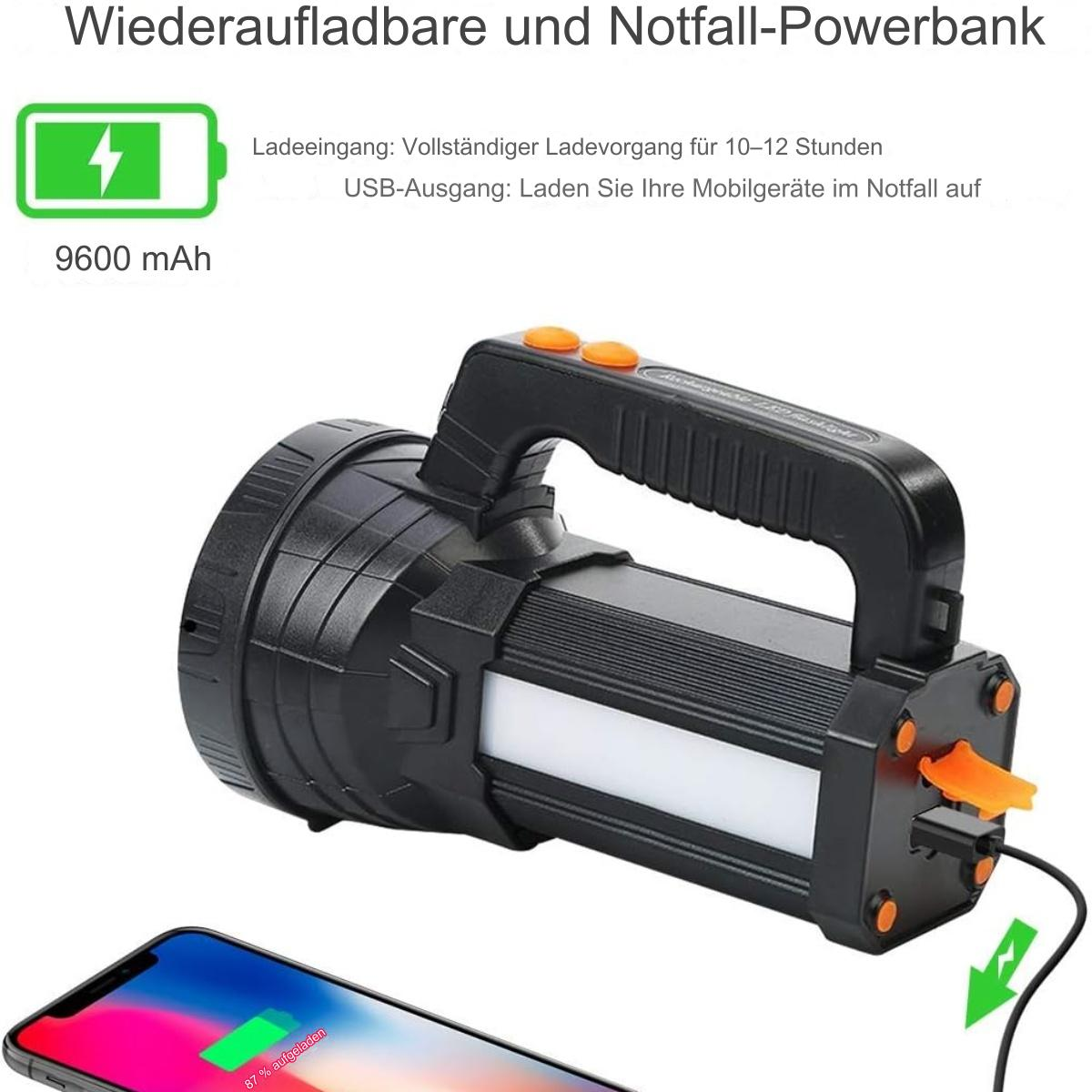 Schwarze Taschenlampe mit Powerbank-Funktion, die ein Telefon auflädt. Text und Symbole sind vorhanden.