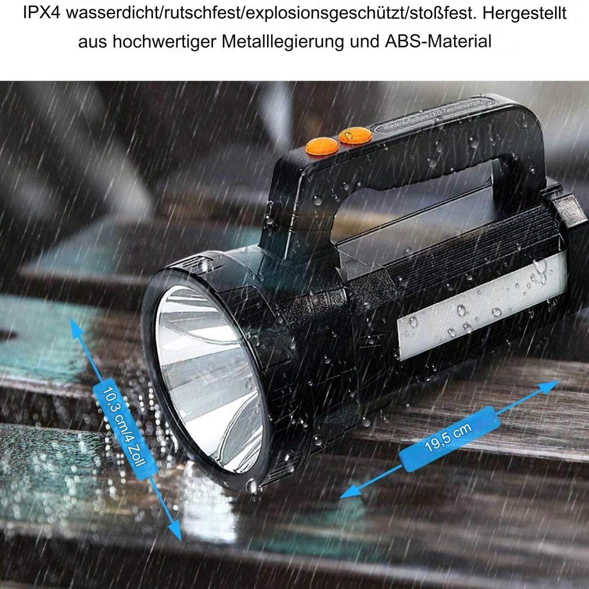 Eine schwarze Taschenlampe mit orangen Knöpfen. Es regnet, Wassertropfen sind sichtbar. Abmessungen sind angegeben.