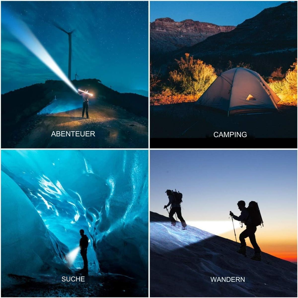 Vier Bilder, die Abenteuer, Camping, Suche und Wandern mit Taschenlampe zeigen.