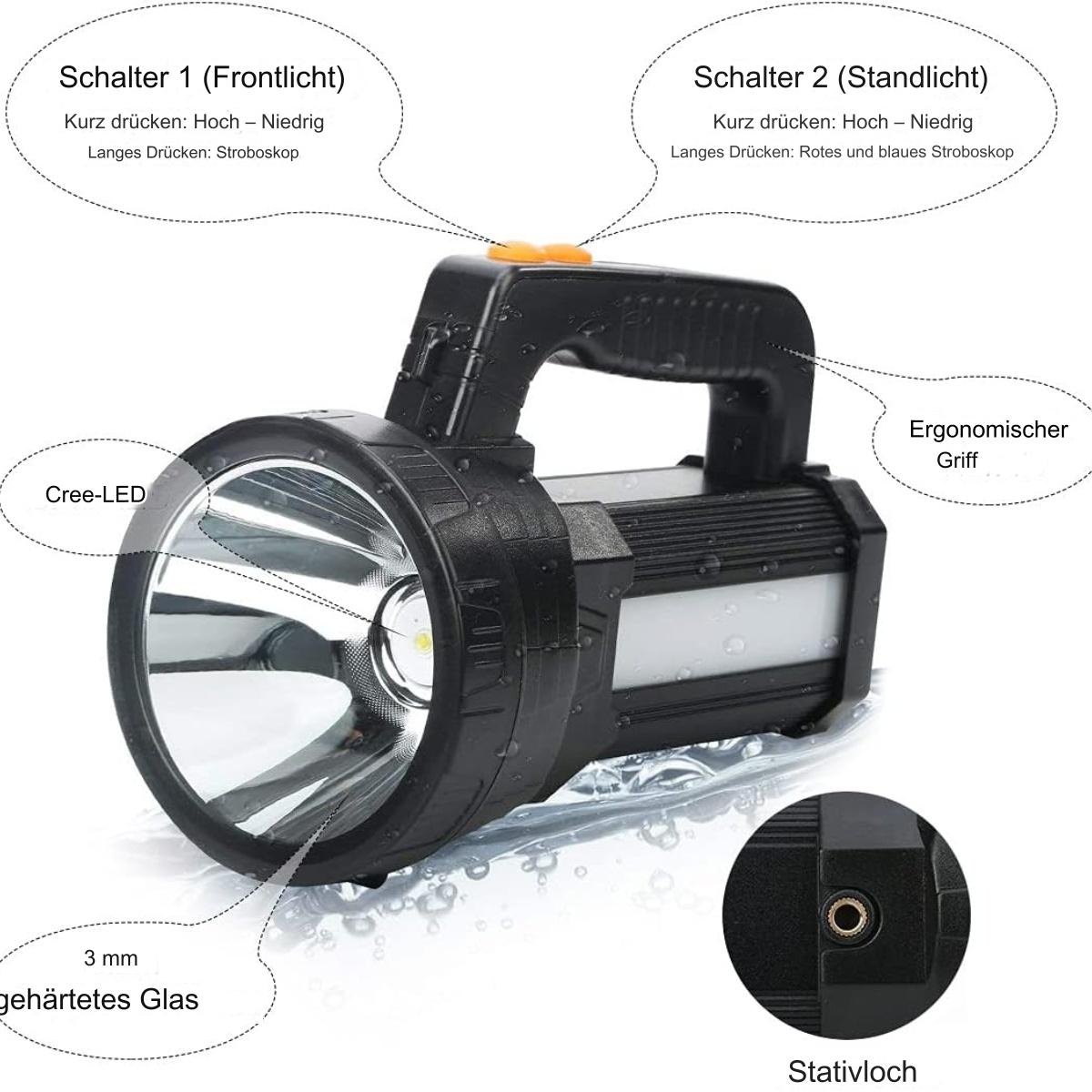 Eine schwarze Taschenlampe mit Beschriftungen und einer Nahaufnahme der Ladebuchse, auf wasserähnlichem Hintergrund.