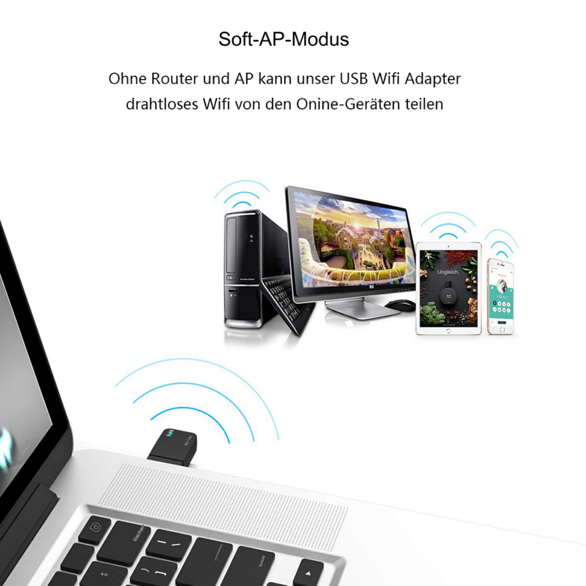 Laptop mit USB-WLAN-Adapter. Zu den Geräten gehören ein Computer, ein Tablet und ein Smartphone, alle mit WLAN verbunden.
