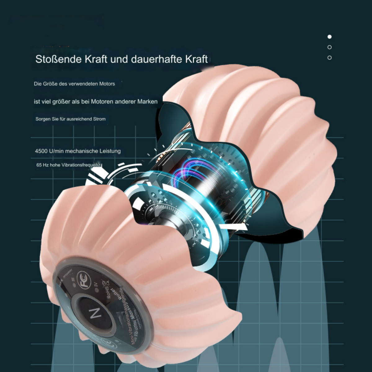 Eine rosa Massagerolle mit blauem Licht, die die Motorgröße und Vibrationsfrequenz zeigt.