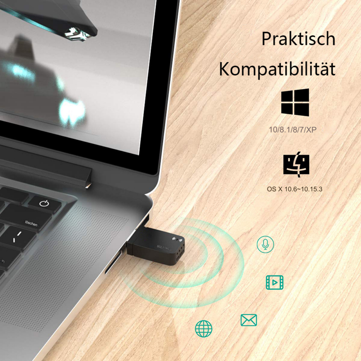 Laptop mit eingestecktem USB-WLAN-Adapter, mit Symbolen für Kompatibilität und Betriebssysteme.