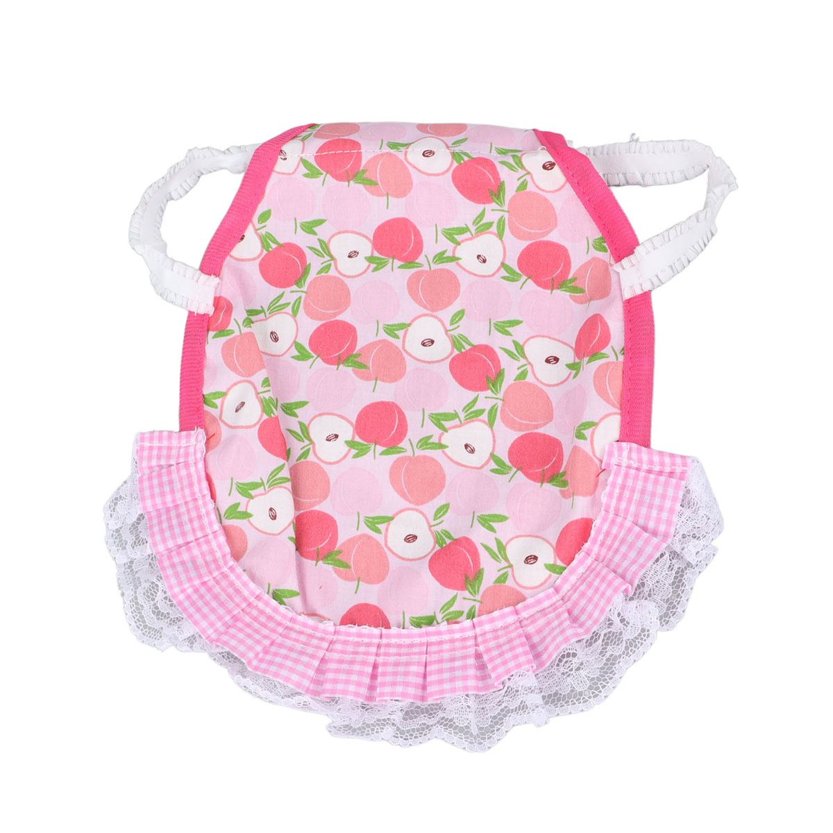 Rosa-weiße Haustiertasche mit Apfelmuster, weißer Spitze und rosa Rand.