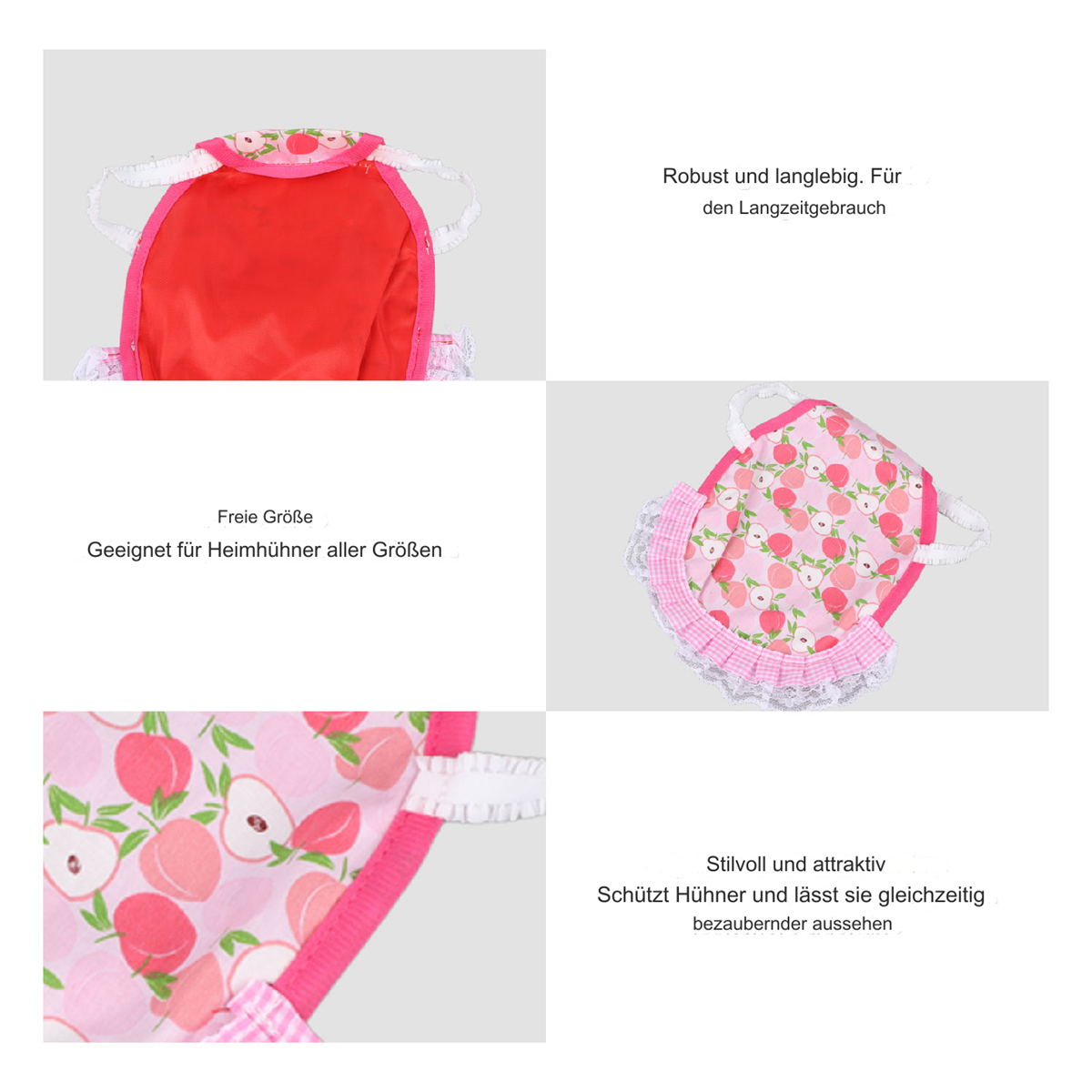 Hühnersättel mit Pfirsich- und Blumenmustern. Nahaufnahmen zeigen die Designdetails.