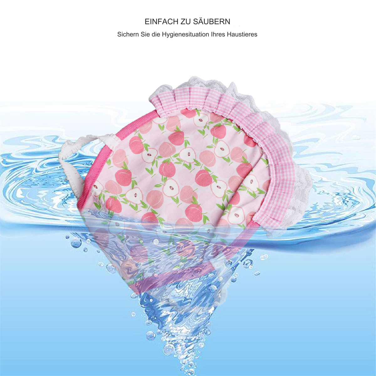 Eine rosa Hunde-Windel mit Apfelmuster in blauem Wasser.