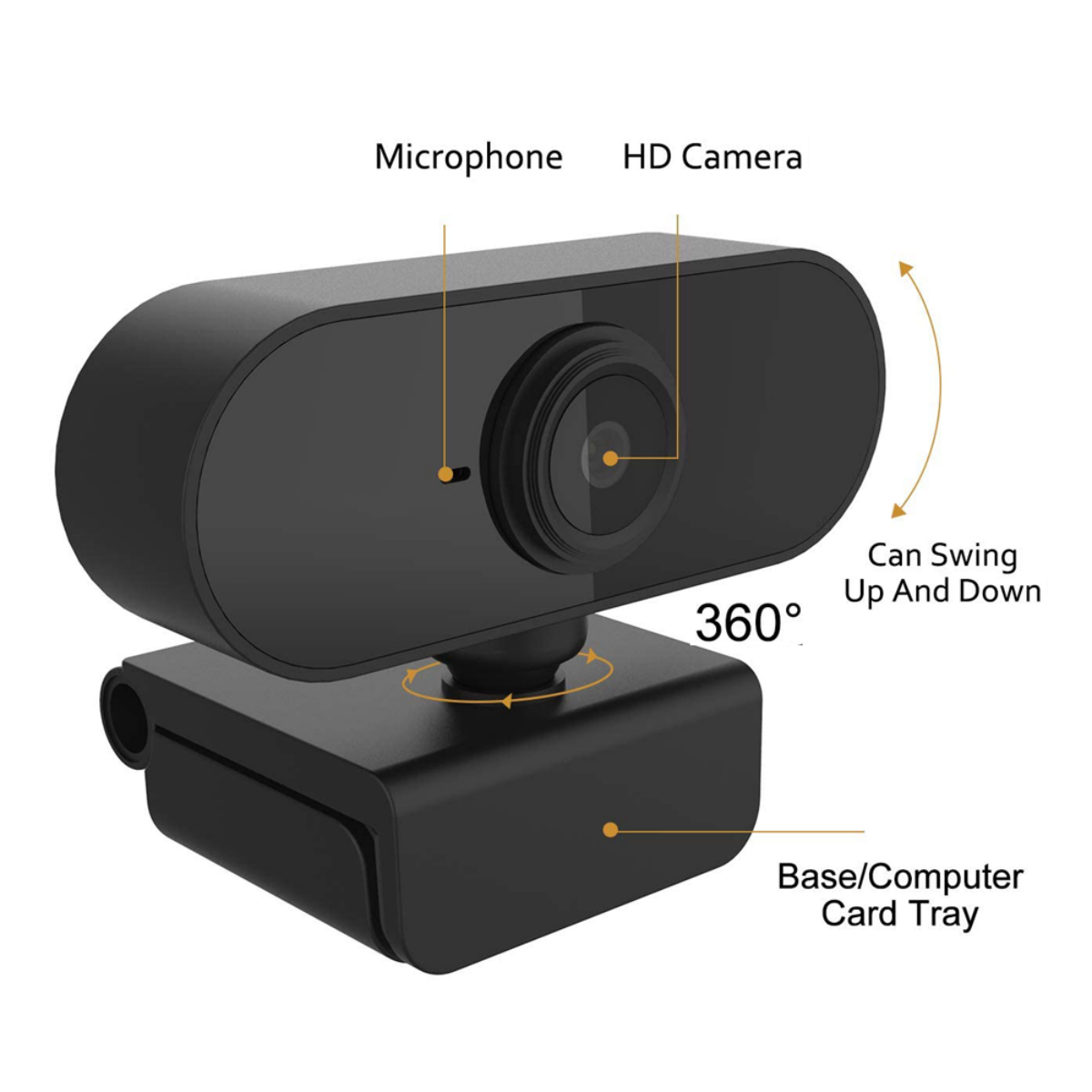 Eine schwarze Webcam mit Mikrofon und HD-Kamera, mit Text beschriftet.