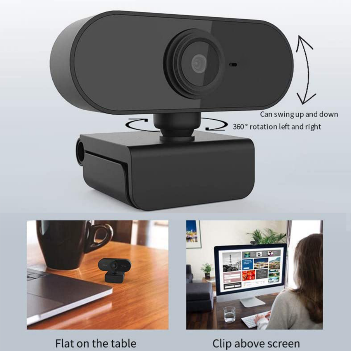 Eine schwarze Webcam steht auf einem Tisch und über einem Bildschirm, mit Pfeilen, die Schwenk- und Neigefunktionen anzeigen.