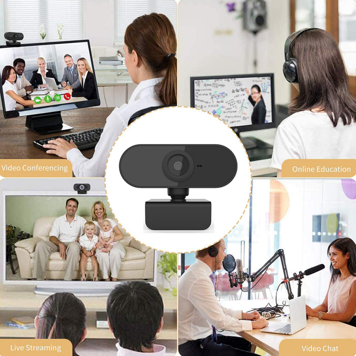 Webcam mit mehreren Bildschirmen, die Videokonferenzen zeigen. Weißer Hintergrund.