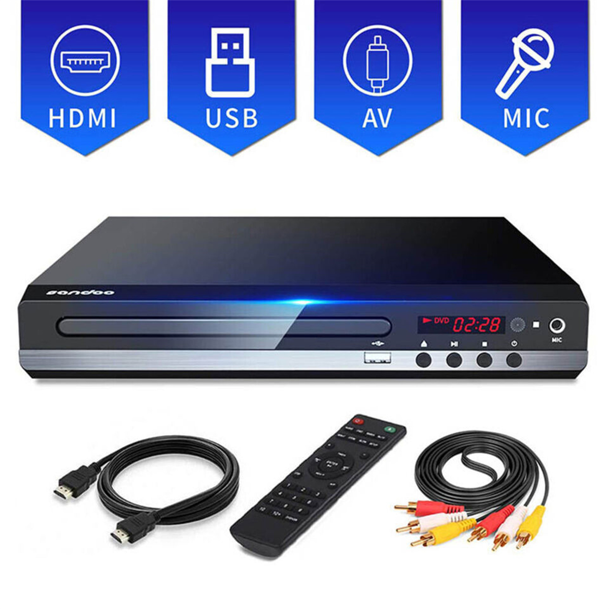 DVD-Player mit Kabeln, Fernbedienung und Eingangs-/Ausgangssymbolen.
