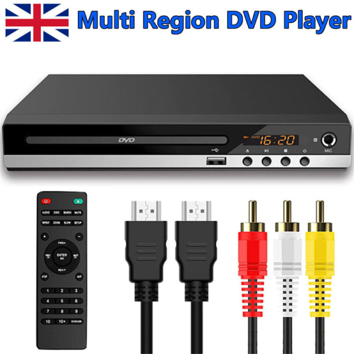Schwarzer DVD-Player mit Fernbedienung, Kabeln und UK-Flaggenbild, auf weißem Hintergrund.