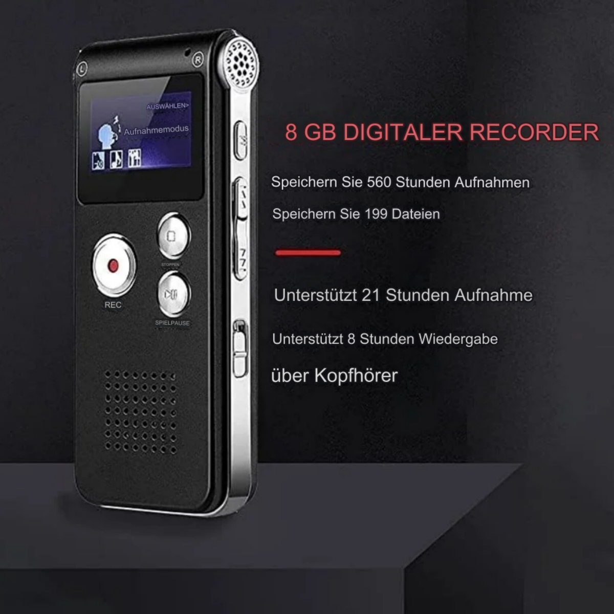 Ein schwarzer digitaler Rekorder mit Bildschirm und Knöpfen, mit Text über Funktionen.