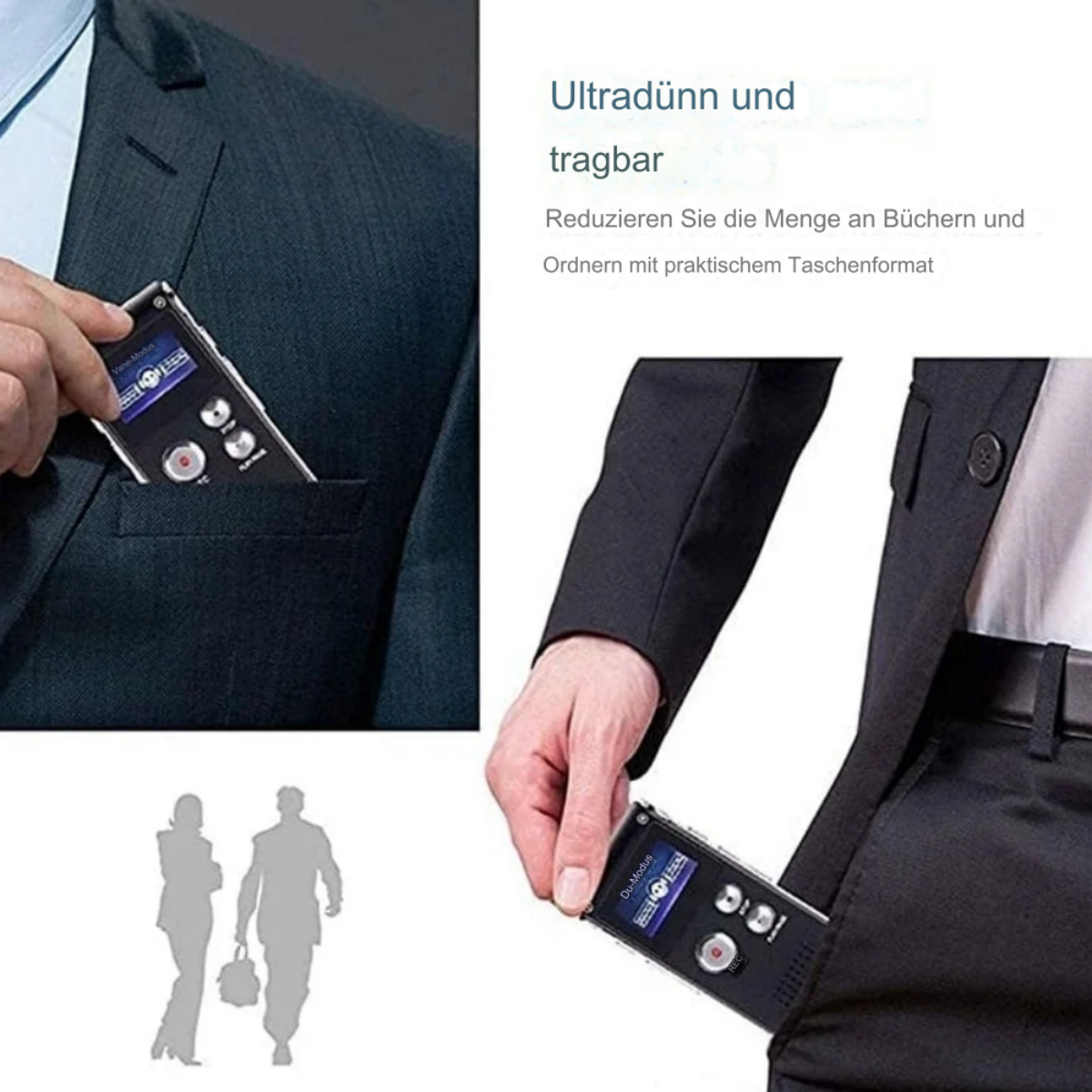 Person steckt schwarzen Sprachrekorder in die Tasche.