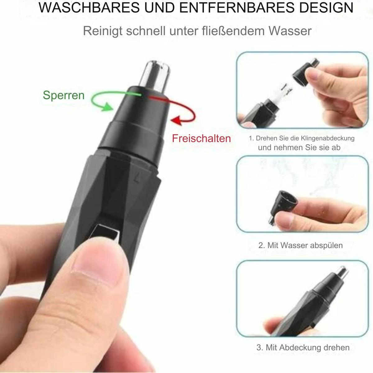 Diagramm zur Verwendung eines Nasenhaartrimmers. Eine Hand hält den Trimmer, und ein Diagramm zeigt die Demontage.