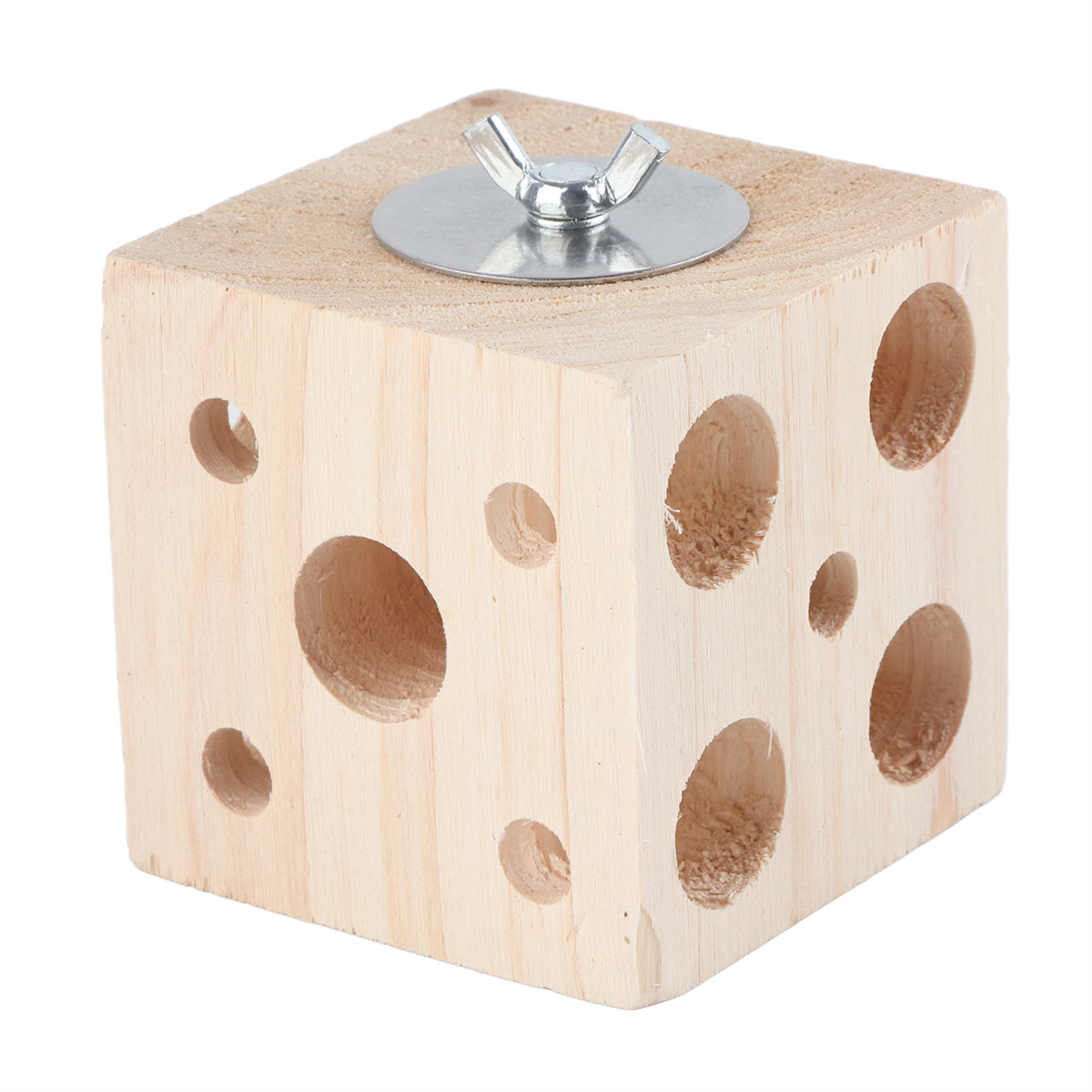 Holzwürfel mit Löchern, Metallplatte und Flügelmutter oben.