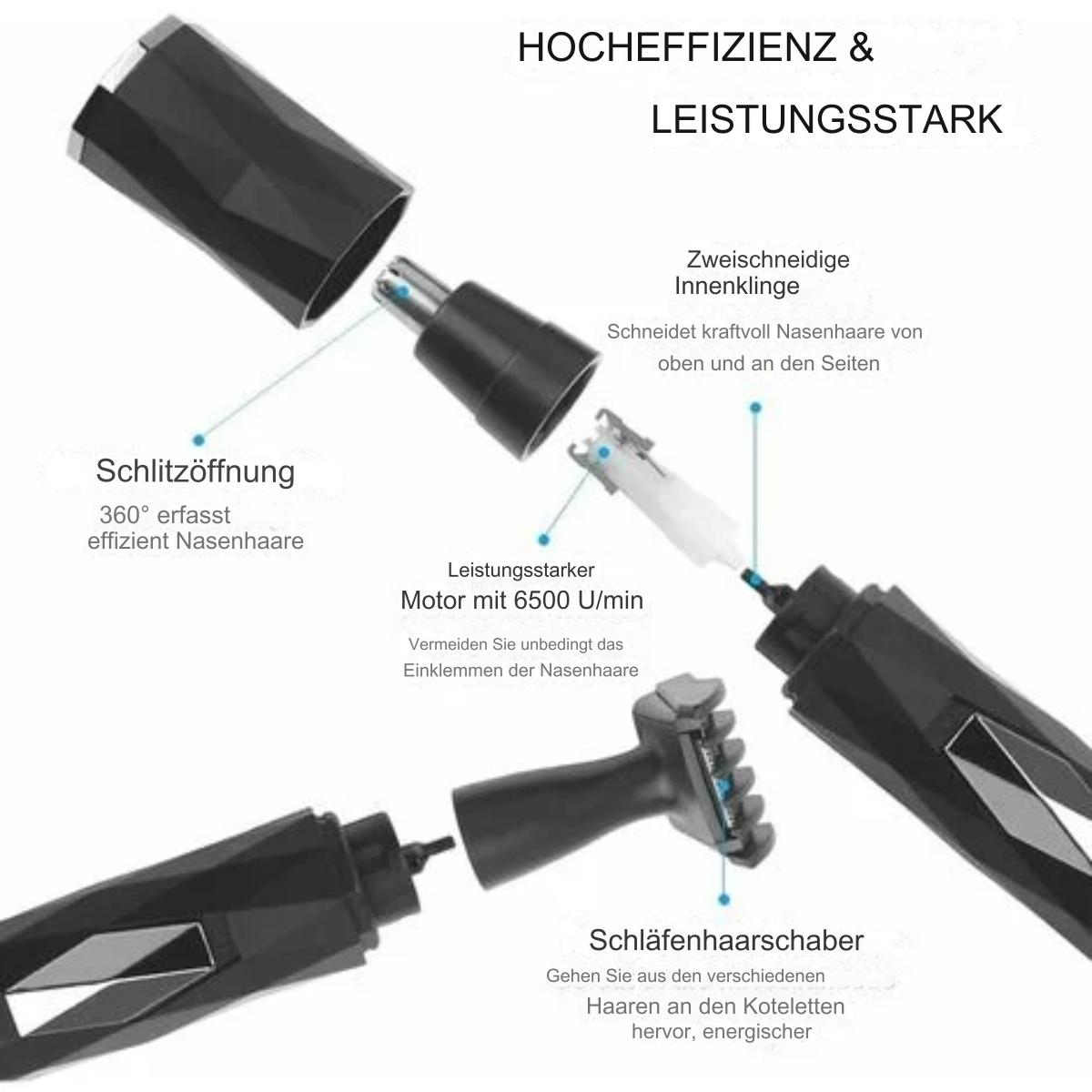 Zerlegter Nasenhaartrimmer mit Etiketten und Details gezeigt.