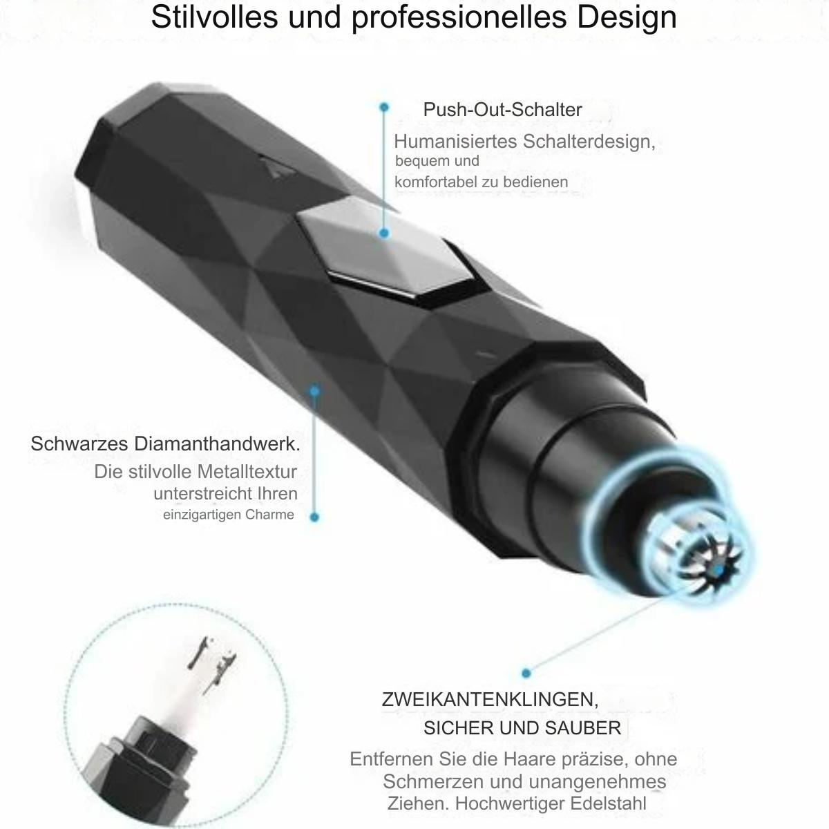 Schwarzer Nasenhaartrimmer mit Nahaufnahmen, zeigt Design und Funktionen auf weißem Hintergrund.