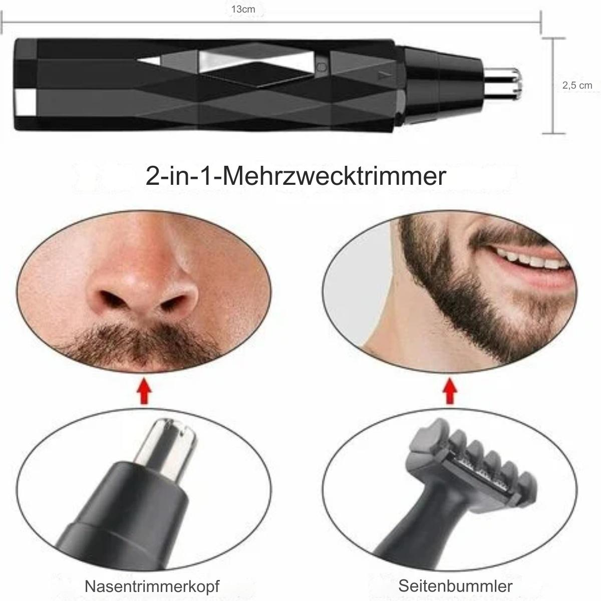 Ein schwarzer Nasenhaartrimmer mit Diagrammen, die seine Anwendung auf dem Gesicht und Bart eines Mannes zeigen.