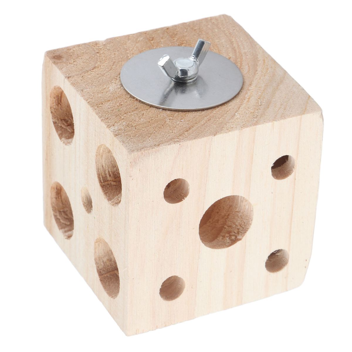 Ein Holzquader mit mehreren Löchern. Oben befindet sich eine Metallplatte mit einer Schraube. Helle Holzfarbe.