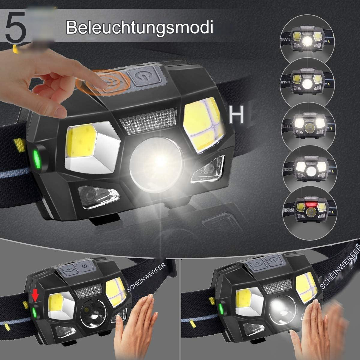 Schwarze Stirnlampe mit Knopf und Lichtmodi, auf schwarzem Hintergrund, Hand berührt Knopf.