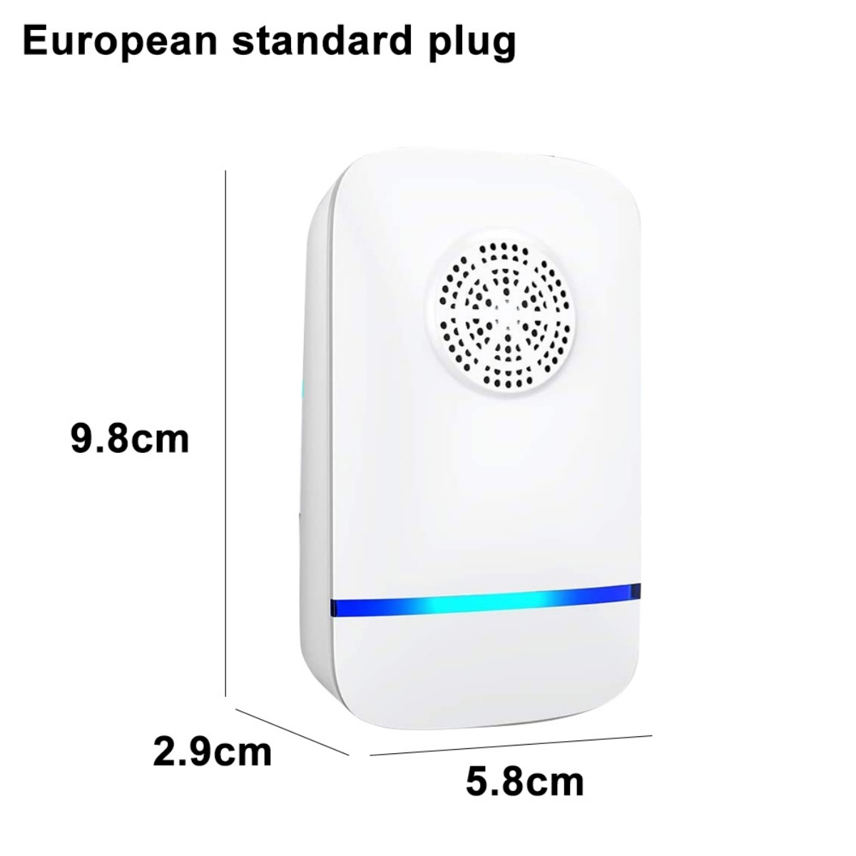 Weißer Eurostecker mit Abmessungen. Er hat ein blaues Licht und eine kreisförmige Entlüftung.