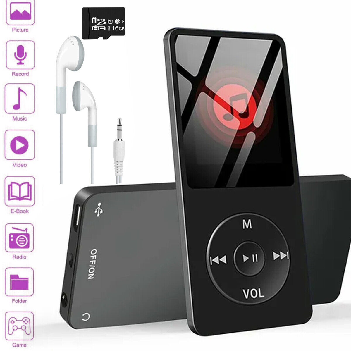 Schwarzer MP3-Player mit Knöpfen und Bildschirm. Kopfhörer und SD-Karte sind vorhanden, sowie Icons.