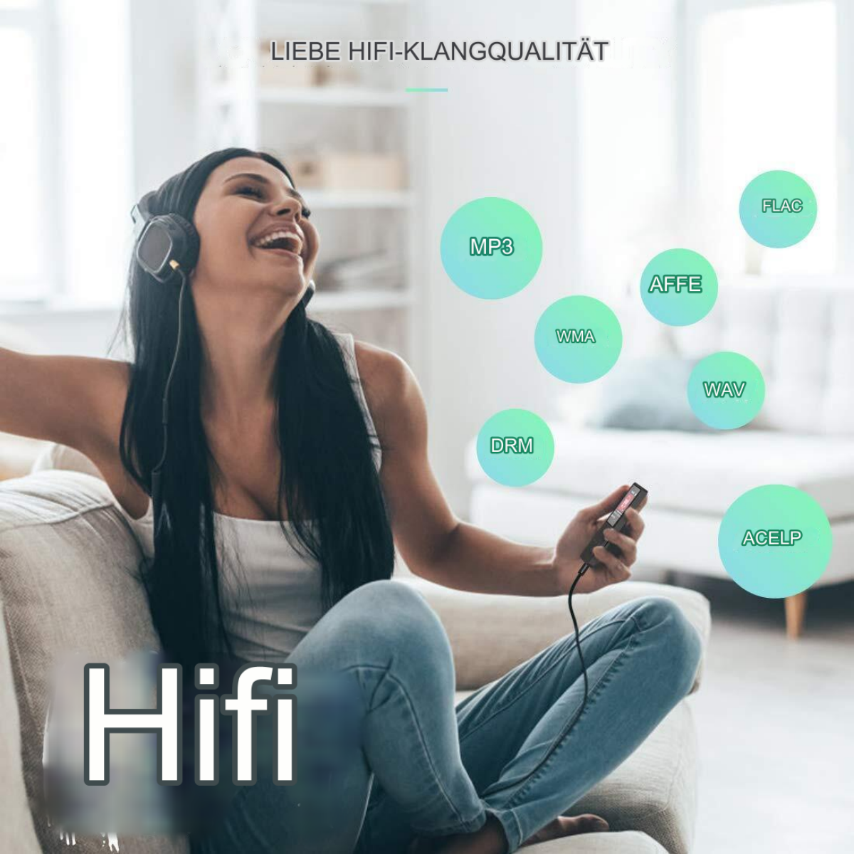 Frau hört Musik mit Kopfhörern und Player, verschiedene Musikformate gezeigt.