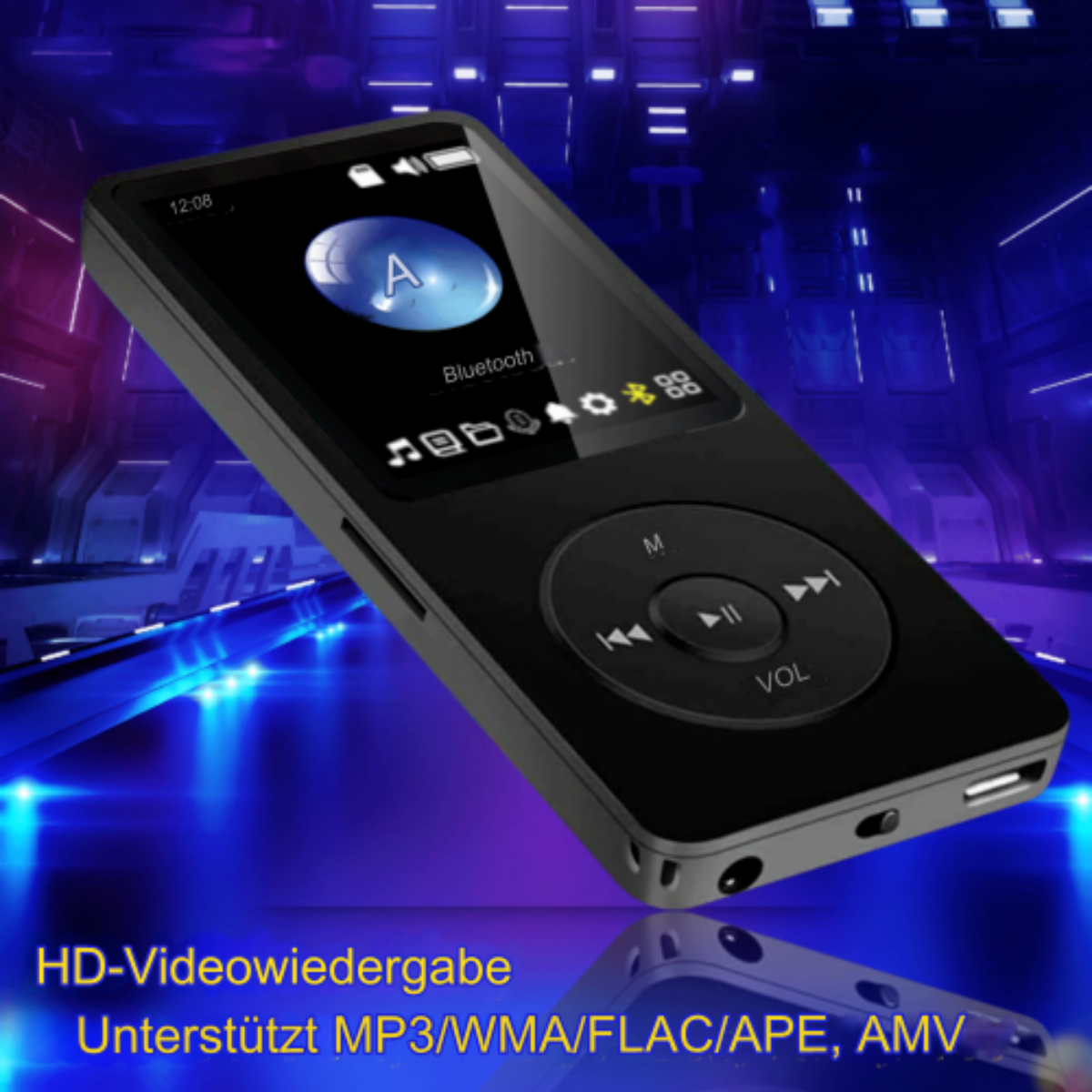 Ein schwarzer MP3-Player mit einem Bildschirm, der ein 'A' und Musiksteuerungen anzeigt, vor blauem Hintergrund.