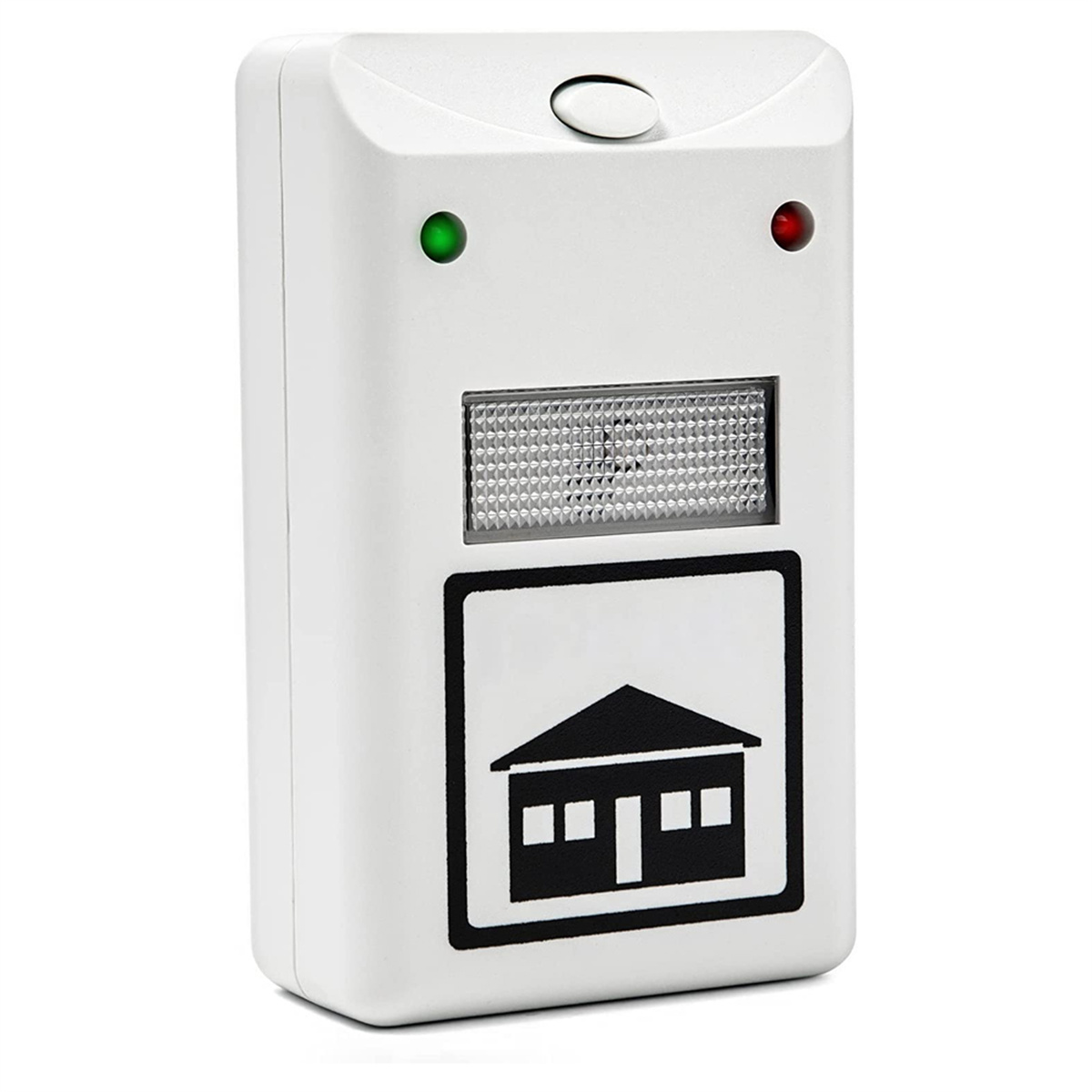 Ein weißer Türsensor mit roten und grünen Lichtern und einem Haussymbol. Es hat einen Knopf.