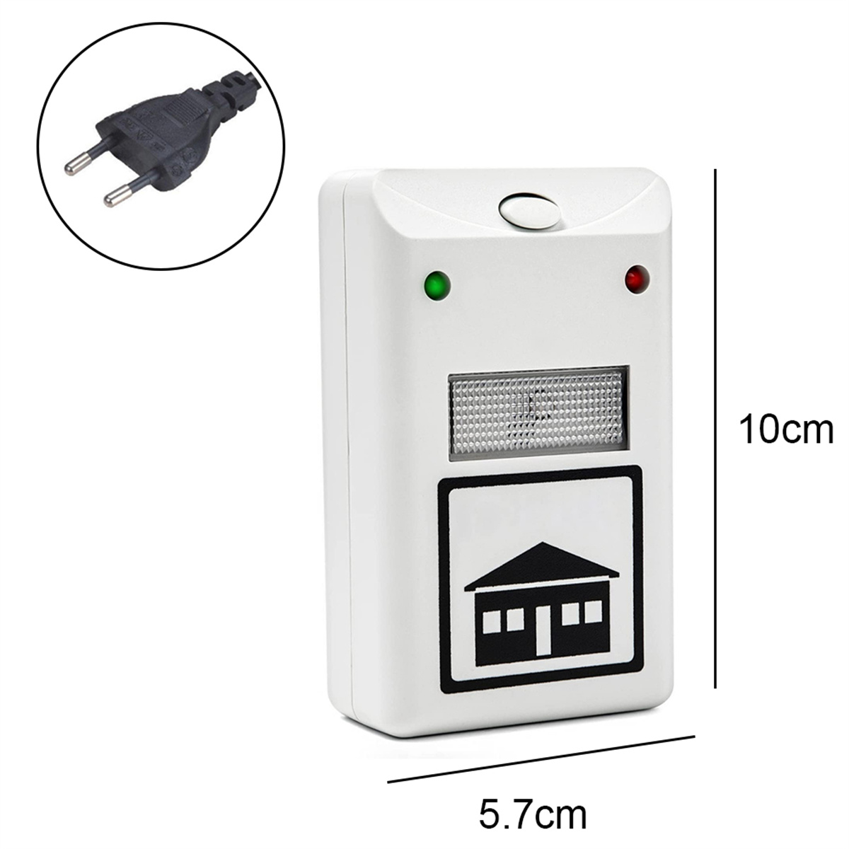 Weißes Gerät mit zwei Lichtern und einem Haus-Icon. Stecker oben links gezeigt.