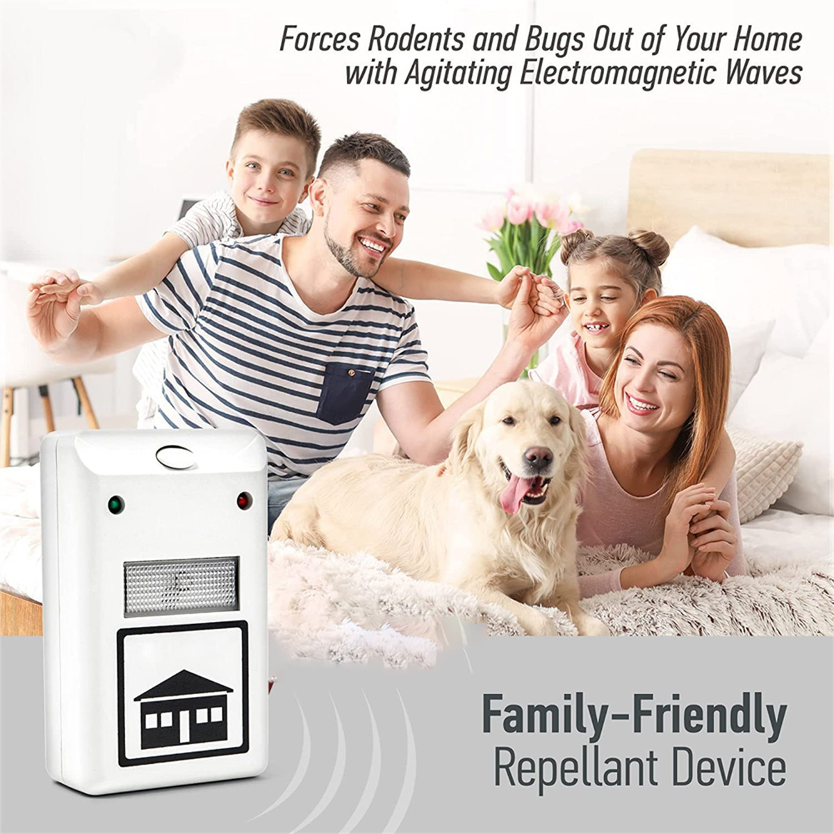 Familie und ein Hund. Repellentgerät im Vordergrund mit Text über die Abwehr von Schädlingen.
