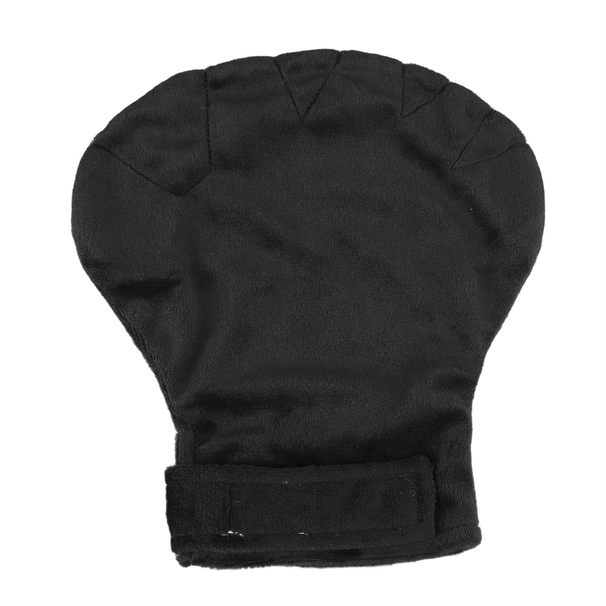 Schwarzes handschuhförmiges Gerät mit Klettverschluss. Aus weichem Material.