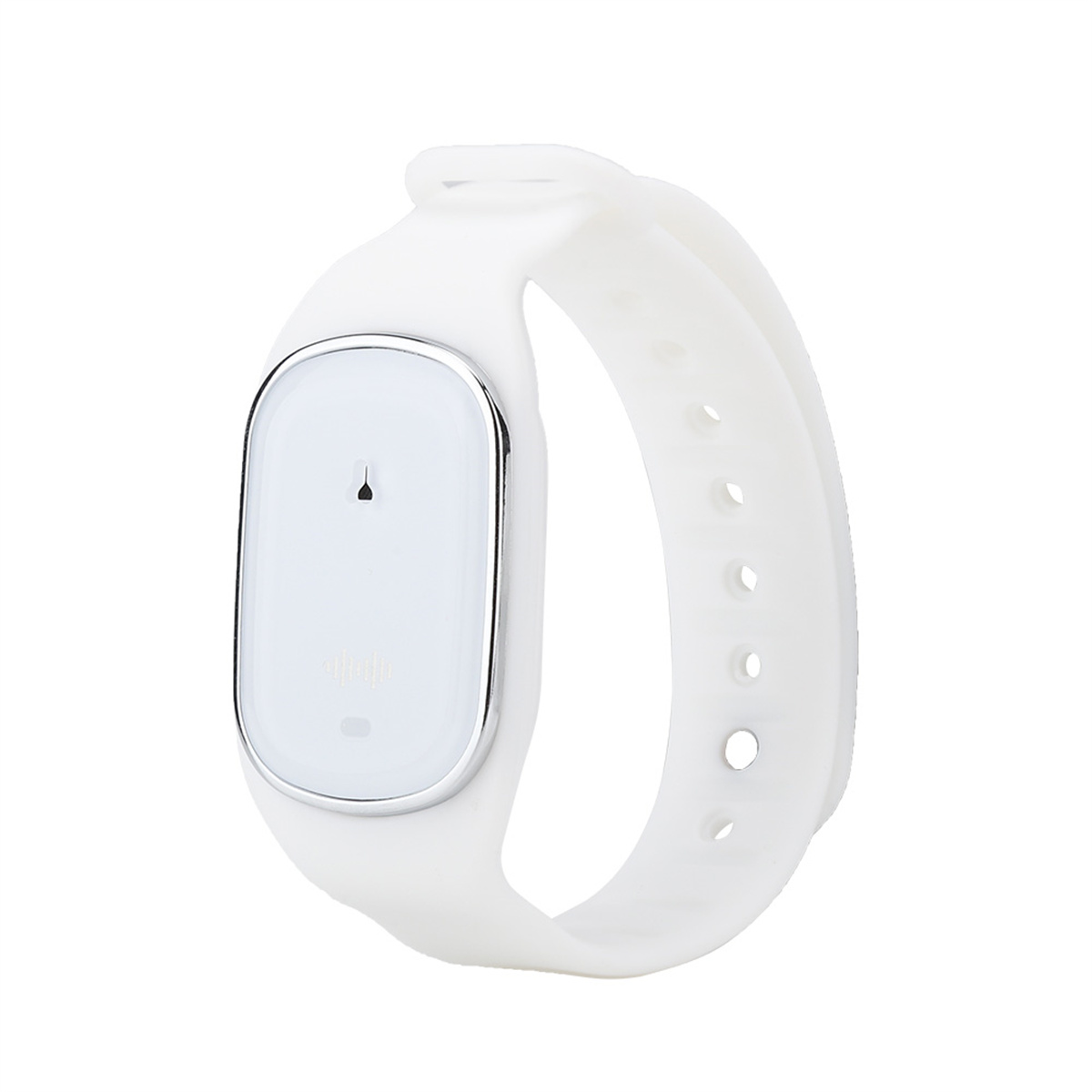 Weißer Fitness-Tracker mit geschwungenem rechteckigem Gesicht und weißem Armband. Kleiner schwarzer Punkt.