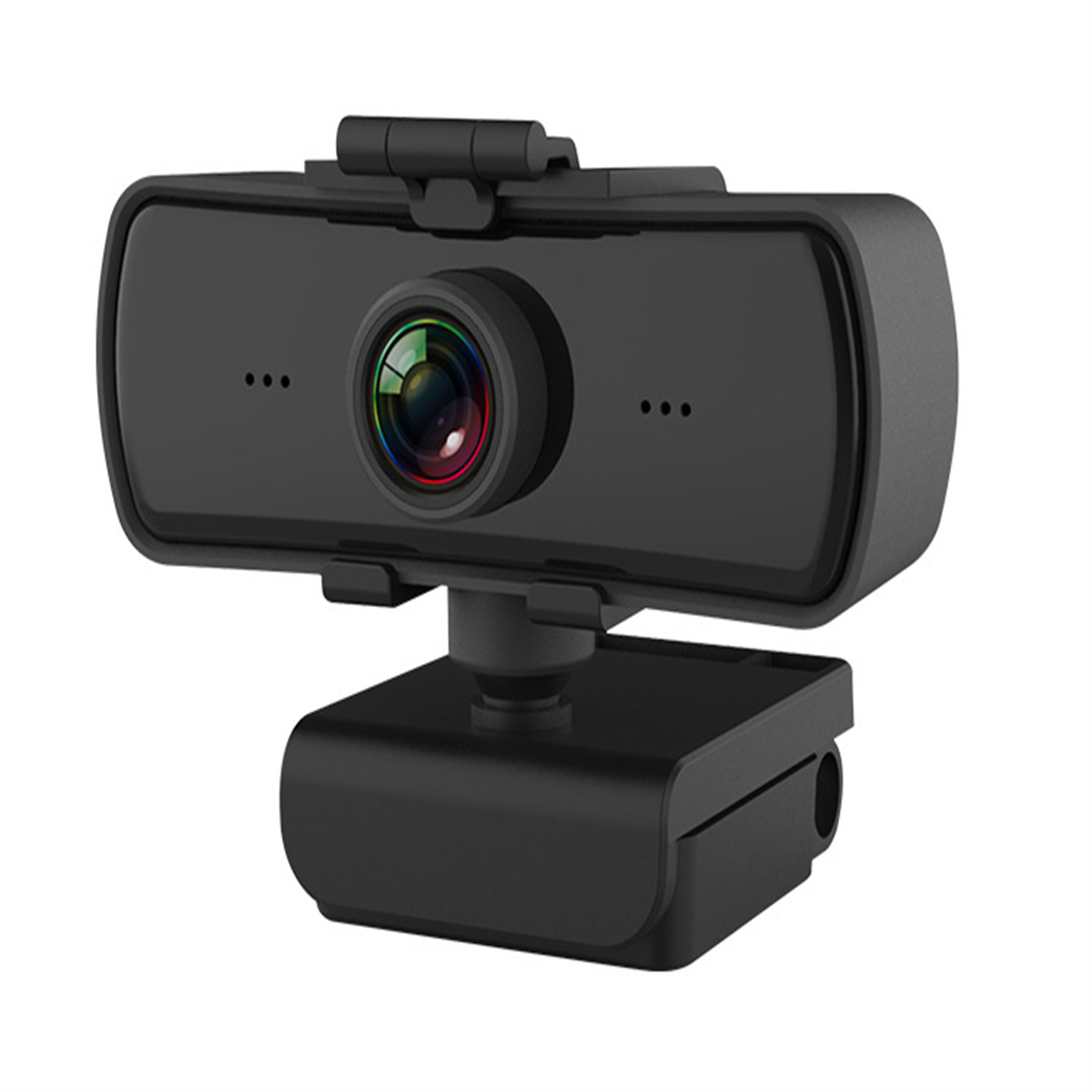 Eine schwarze Webcam mit Objektiv, drei kleinen Lichtern und einem Ständer. Sie hat ein schlankes, modernes Design.