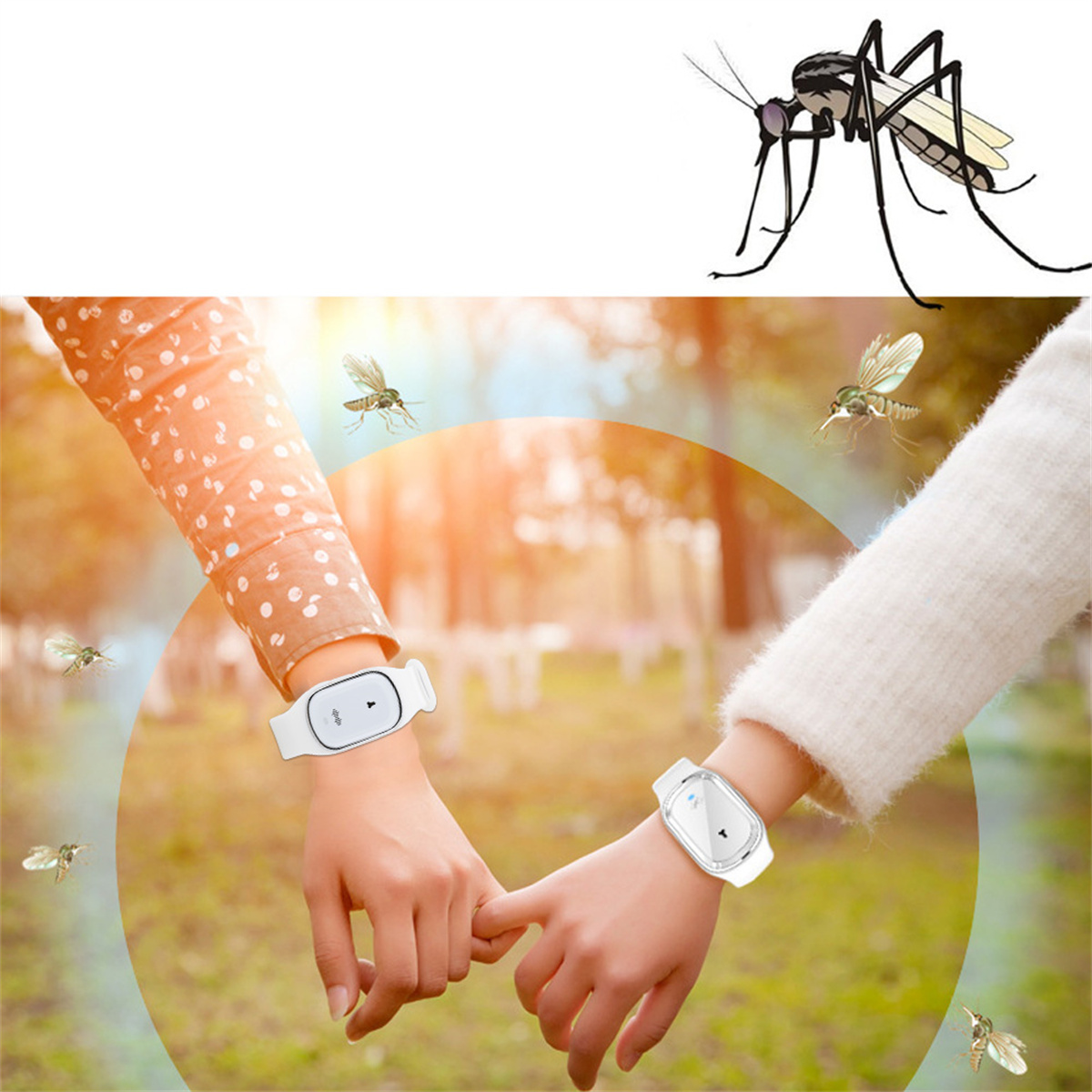 Hände mit weißen Armbändern, mit Mücken und einer Mückenillustration. Hintergrund: Verschwommenes grünes Laub.