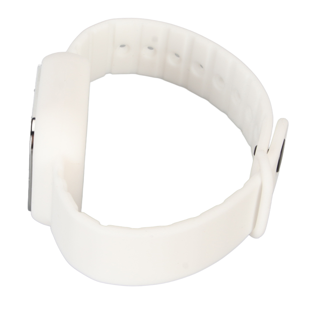 Eine weiße Uhr mit weißem Armband, von der Seite gesehen.