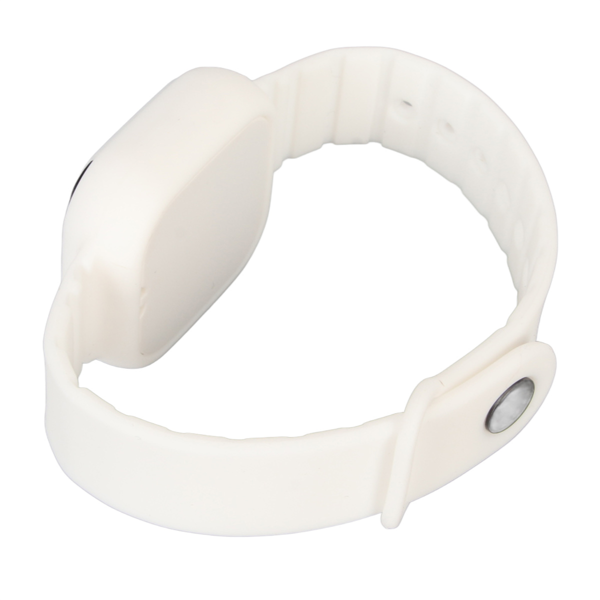 Weiße Smartwatch mit weißem Armband und schwarzem Bildschirm. Das Armband ist rund.