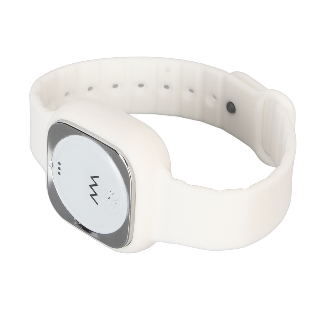 Ein weißes Armband mit einem kleinen, silbergerahmten Display, das ein Herzfrequenzsymbol zeigt.