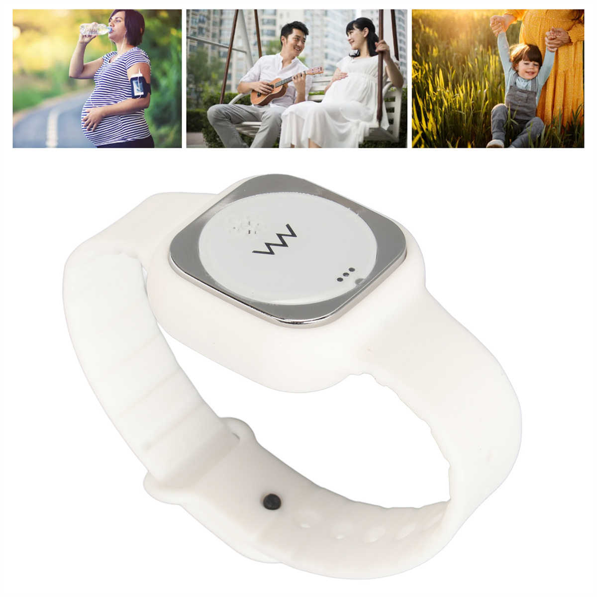 Ein weißes Wearable mit Bildschirm, mit Bildern von schwangeren Frauen und einem Kind.