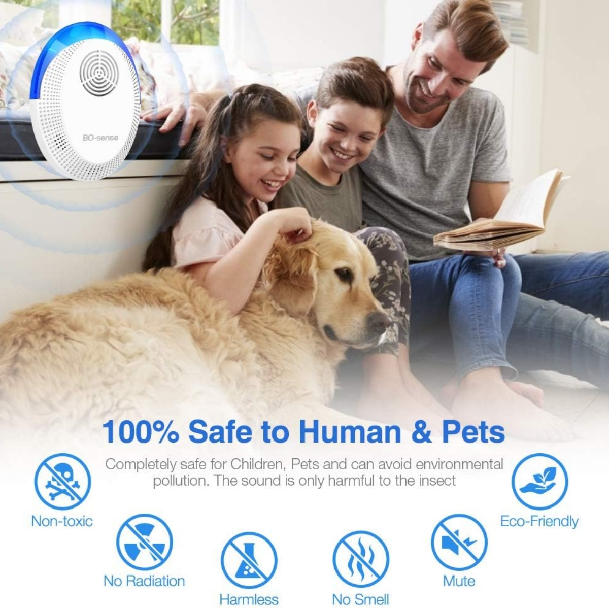 Familie mit Kindern und Hund. Sie sitzen auf dem Boden. Es gibt ein Schädlingsbekämpfungsmittel.