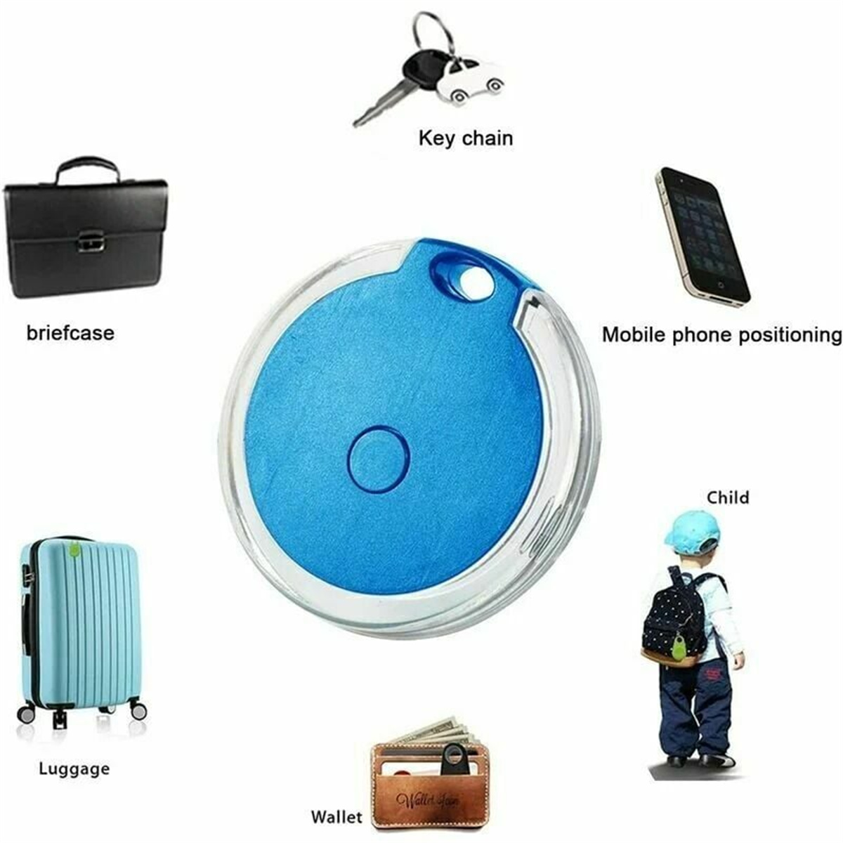 Blauer Tracker mit Schlüsselanhänger, Gepäck, Aktentasche, Geldbörse, Telefon und Kind. Weißer Hintergrund.