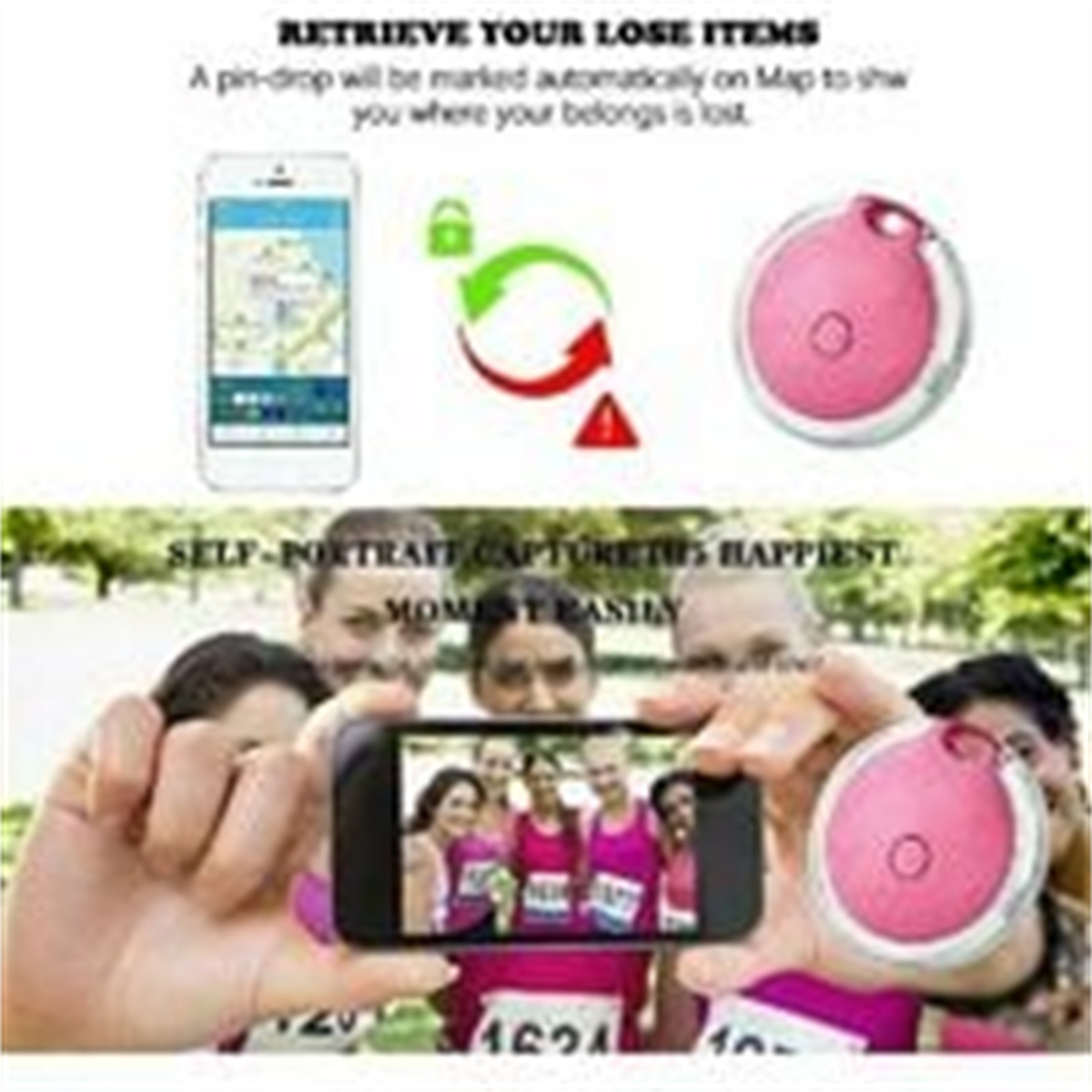 Ein Mobiltelefon mit einer Karte und einem rosa Tracker-Gerät mit Leuten dahinter.