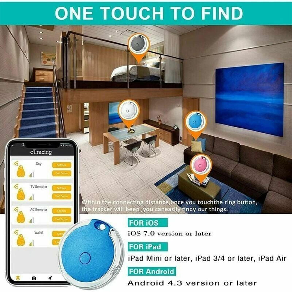 Ein Mobiltelefon mit einer Tracking-App, plus einem blauen Tracker und einer Wohnzimmerszene.
