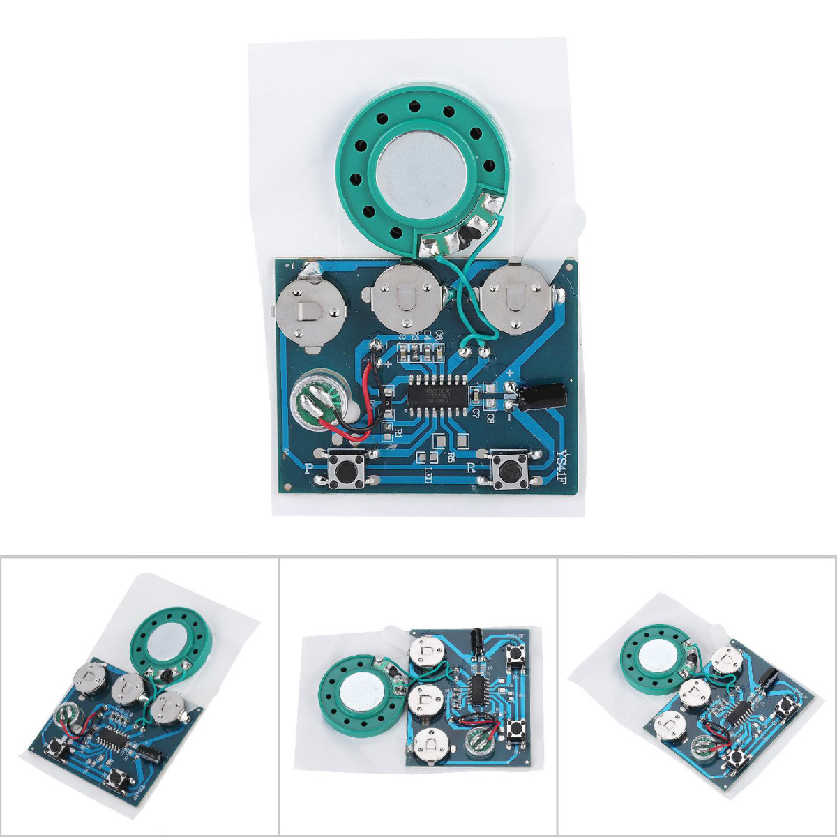 Leiterplatte mit Lautsprecher und elektronischen Bauteilen, blau, grün und silber.