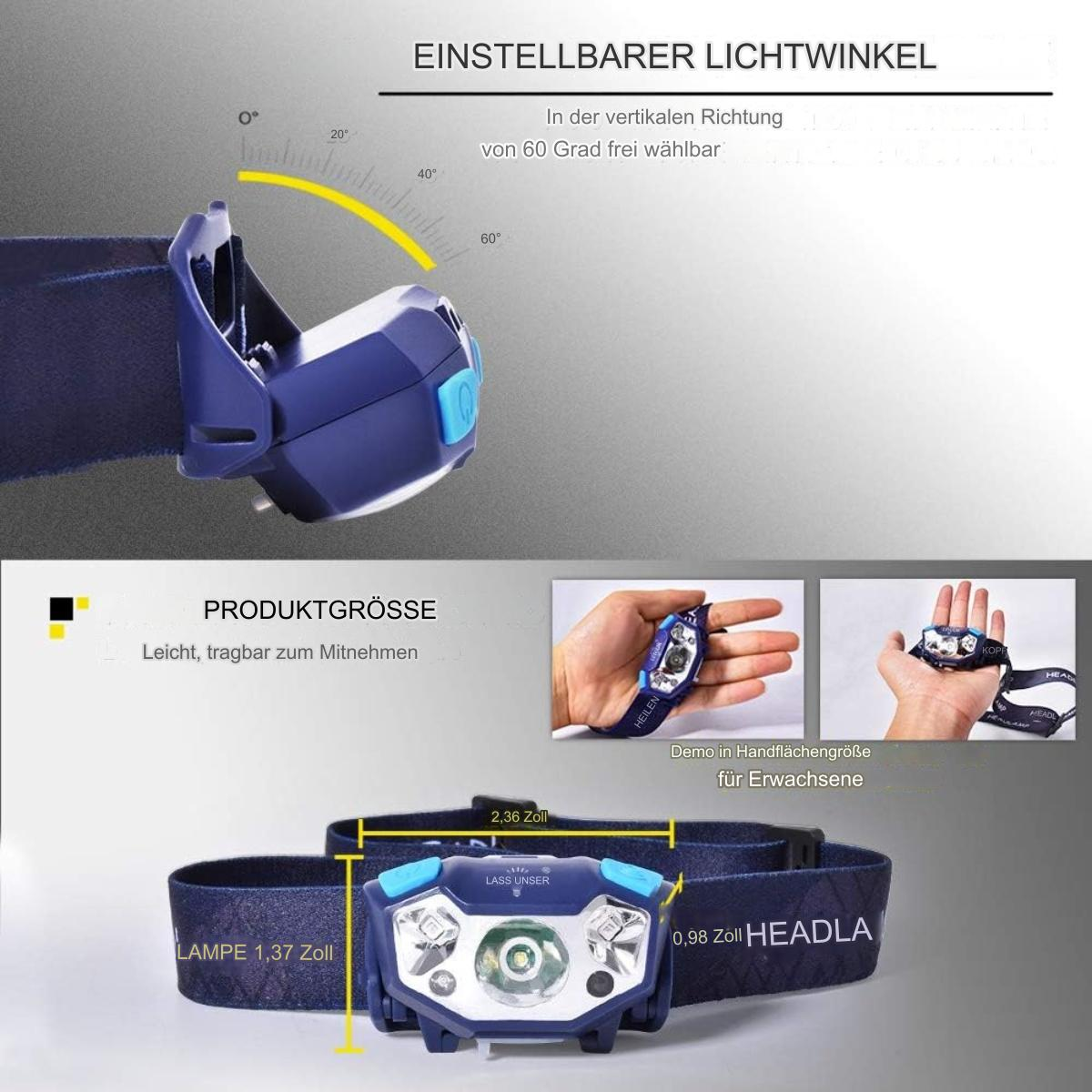 Stirnlampe mit einstellbarem Lichtwinkel. Enthält Diagramme und Maße für Größe und Funktionen.