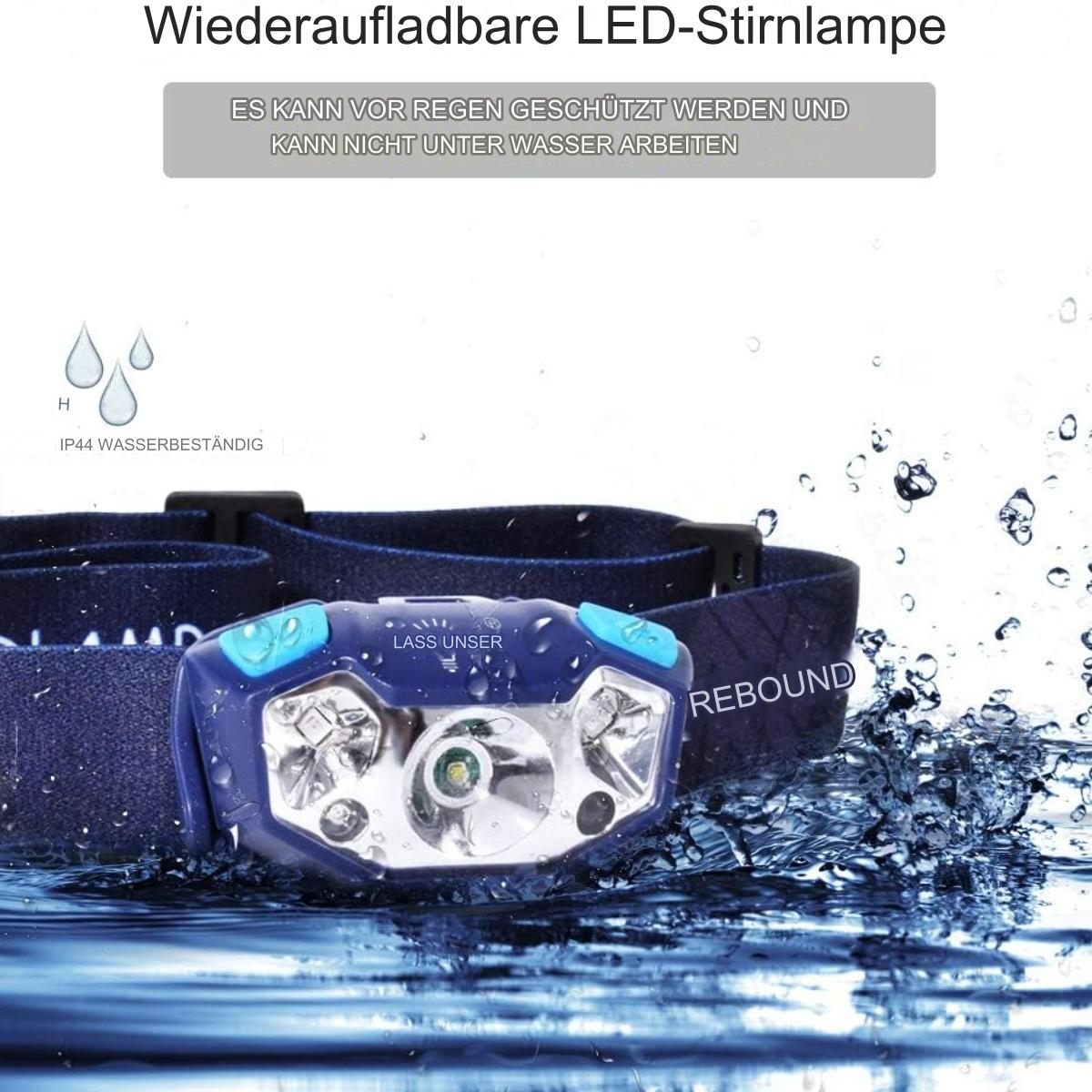 Stirnlampe mit Wassertropfen, blau und schwarz, im Wasser.