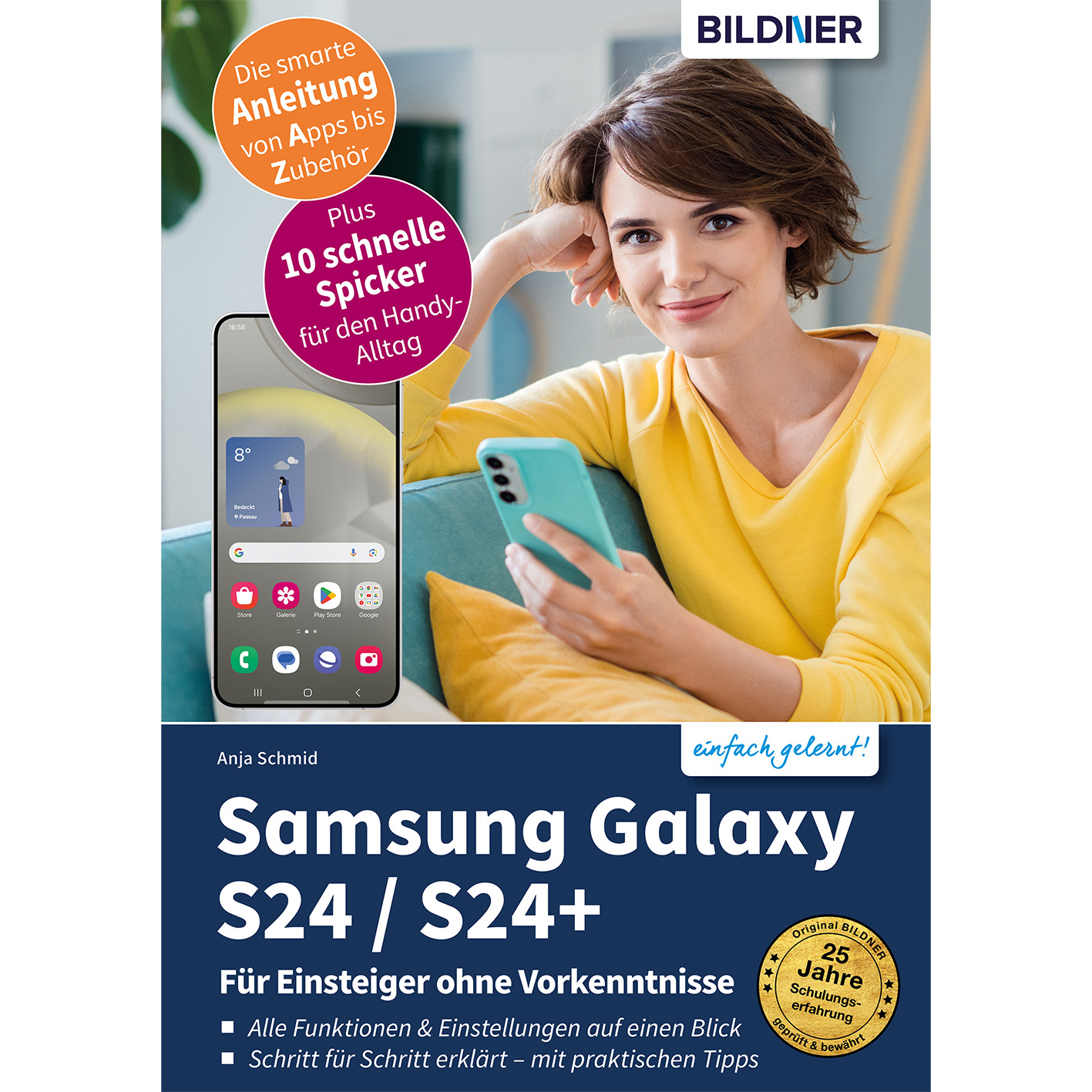 Ein Buchcover mit einer Frau mit Handy, Tablet und Text über Samsung Galaxy S24/S24+.
