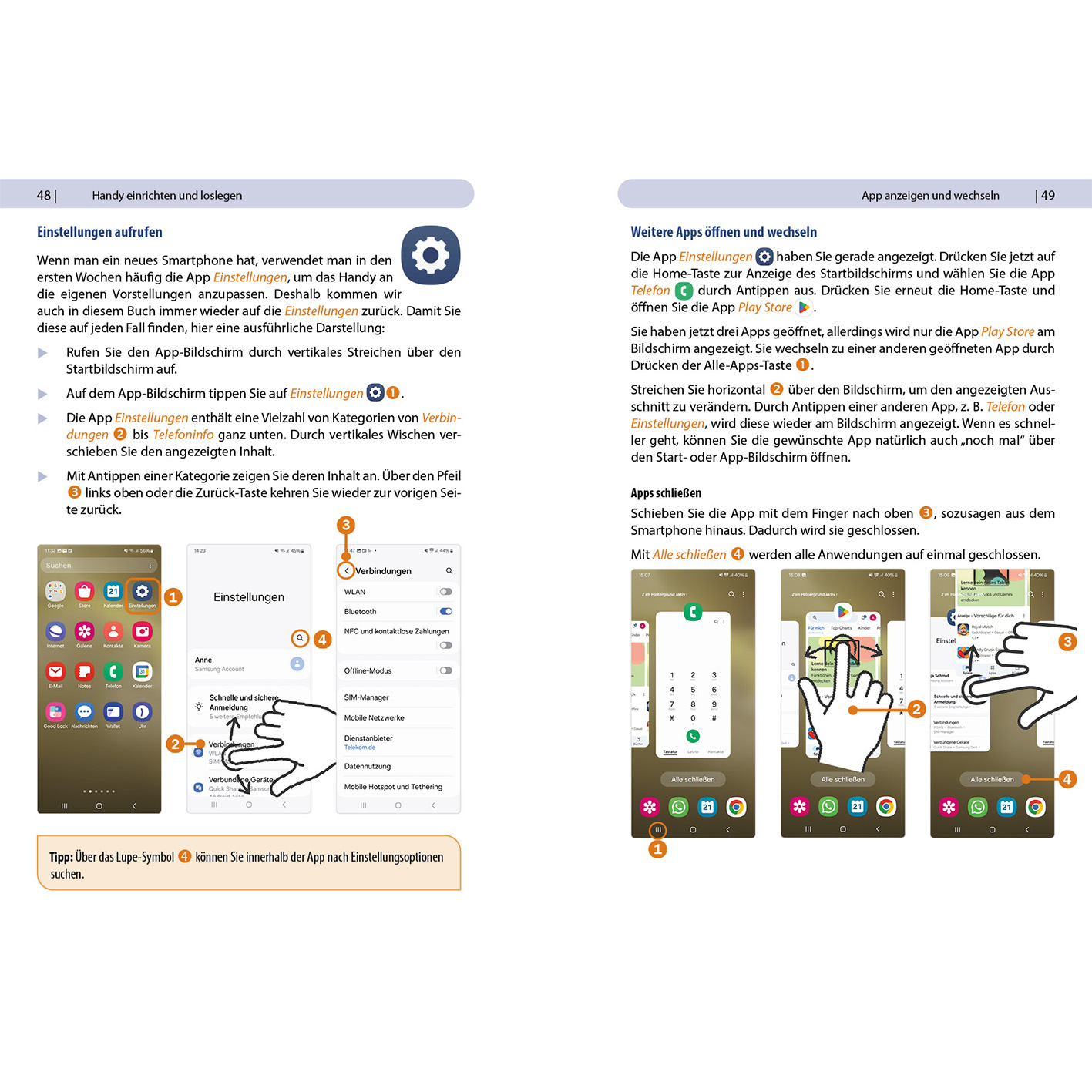 Seiten aus einem Smartphone-Handbuch, die Einstellungen und App-Verwaltung zeigen.