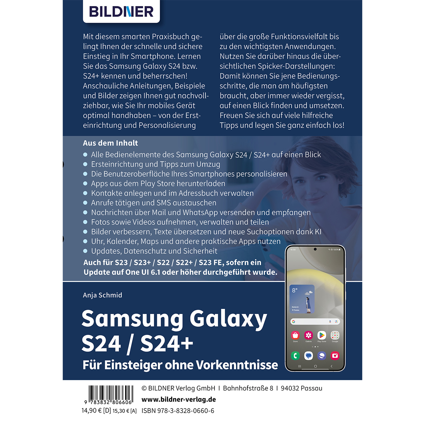 Buchcover für Samsung Galaxy S24/S24+. Text und ein Telefonbild sind sichtbar. Weißer Hintergrund.